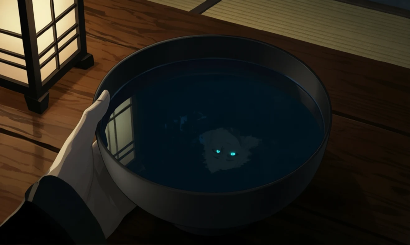 A paper lantern beside a round dark bowl of water; a kitsune with pale glowing eyes looks back from the reflection. Cover art for scotoma-2.