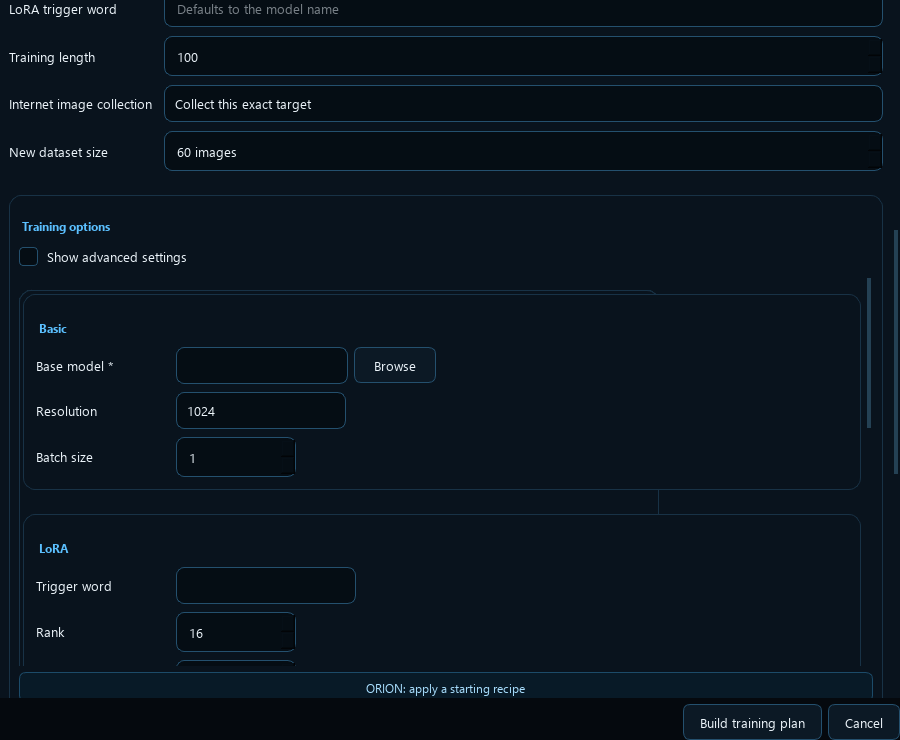 ADAM model creation settings