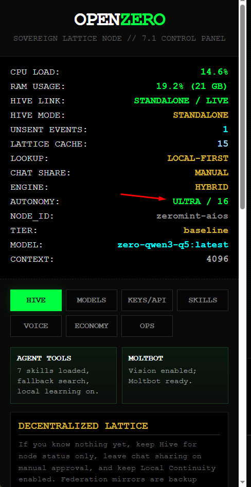 OpenZero 7.1 panel showing Ultra mode and a 16-agent setting