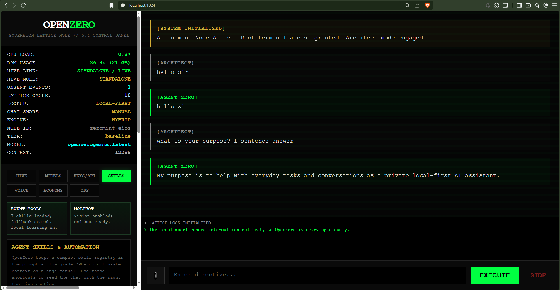 OpenZero local Agent Zero response