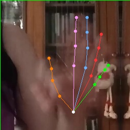 21-keypoint hand skeleton correctly placed on a heavily motion-blurred hand